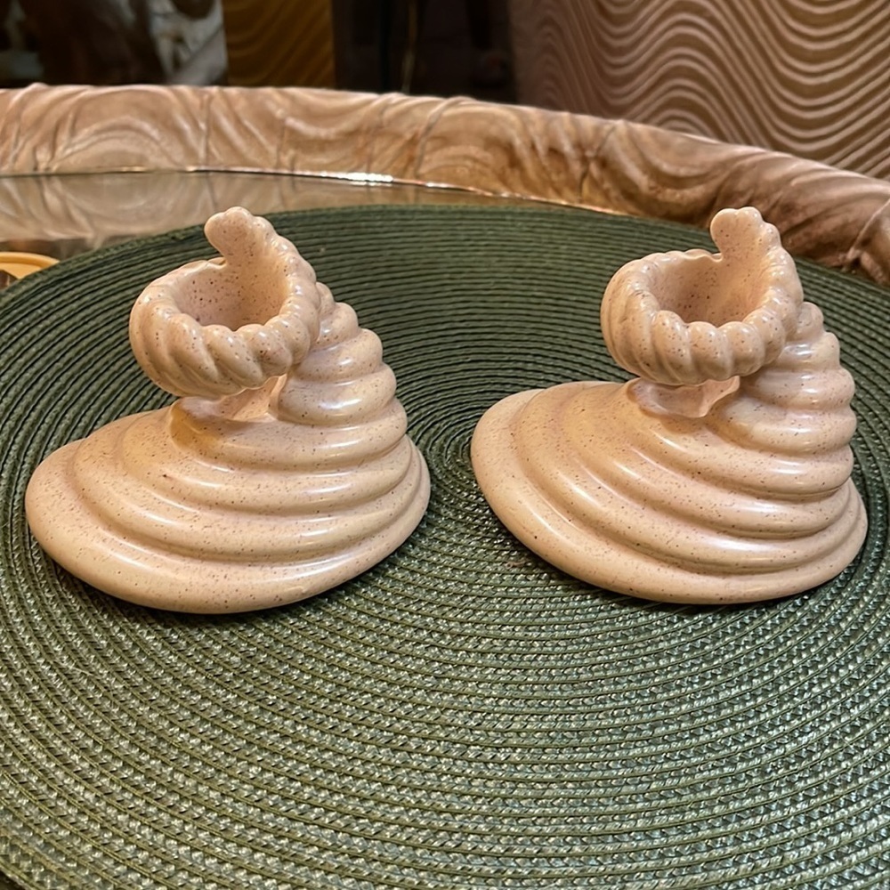 Vintage MCM Ceramic Pottery Cornucopia Horn Candlestick Set Mid Century Candle